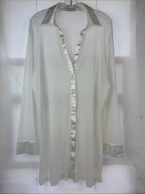Kate Kasin White Satin-Trim mesh sheer button down shirt top cover sleep robe M